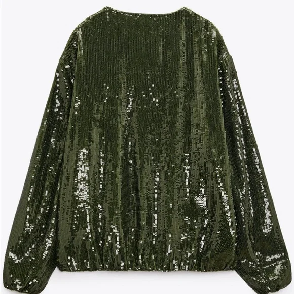 Zara NWT Emerald Green Sequin Bomber Jacket Size M